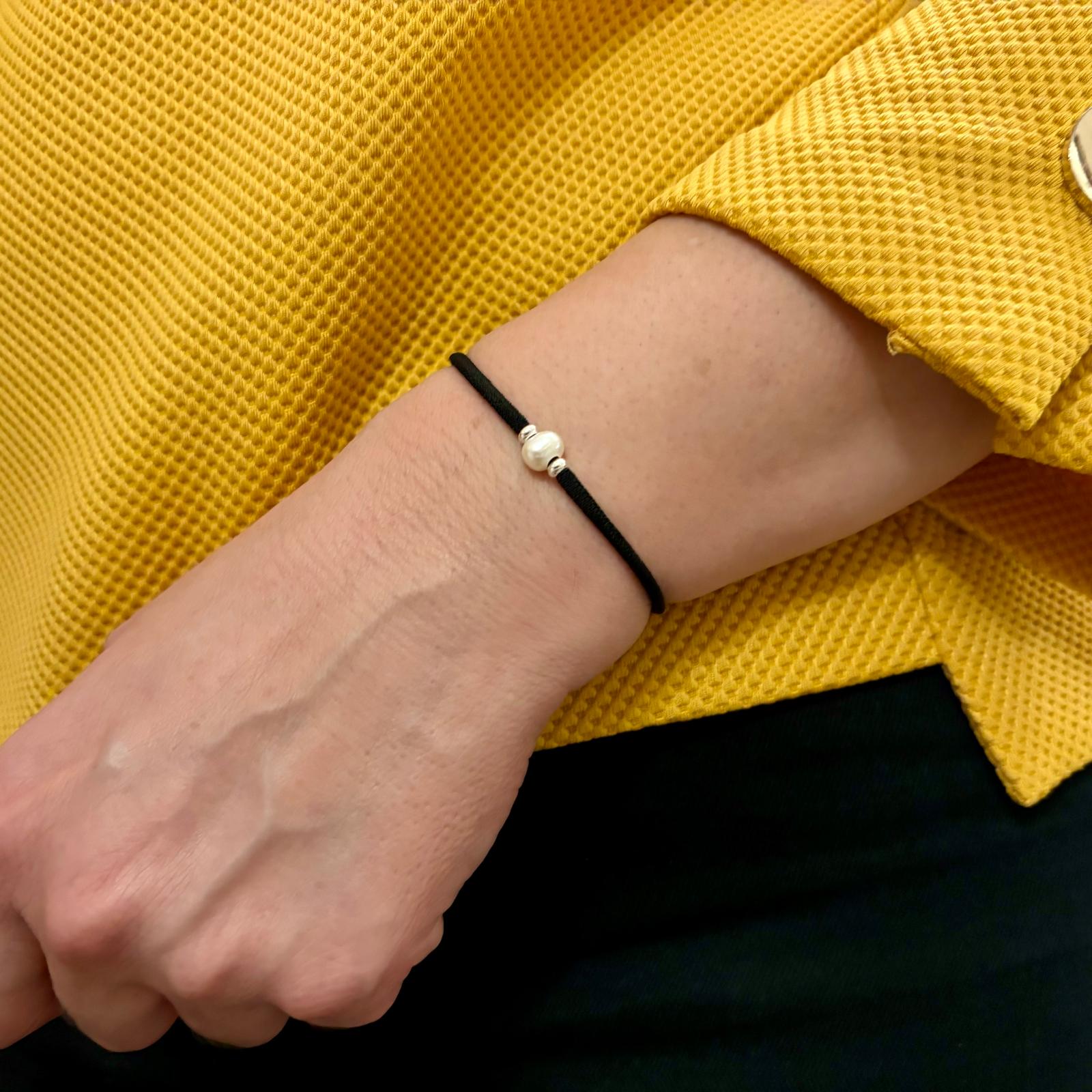 Pulsera elástica negra con Perla cultivada y Plata de ley 925 3
