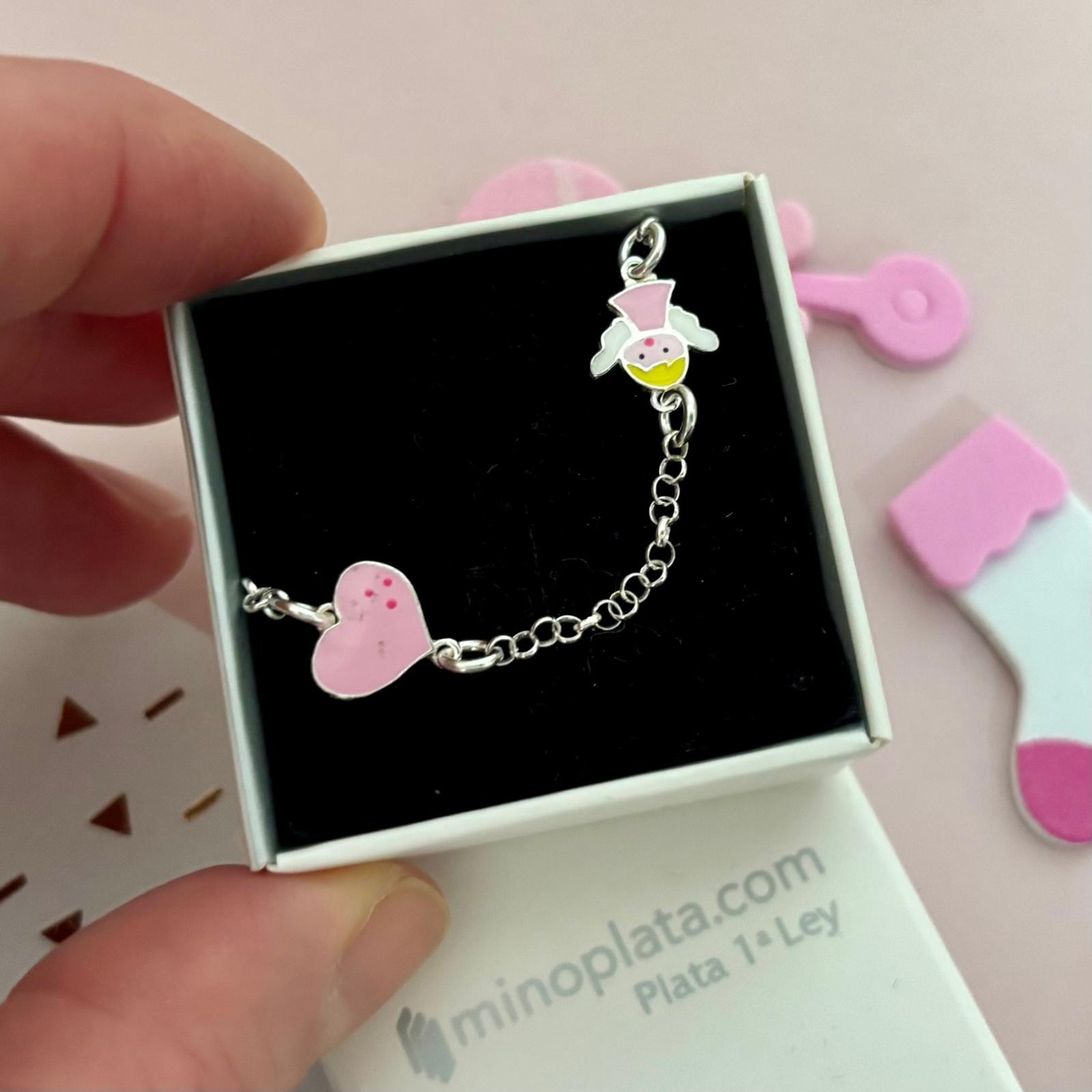 Pulsera infantil corazón y angelitos rosas en Plata de ley 925 2