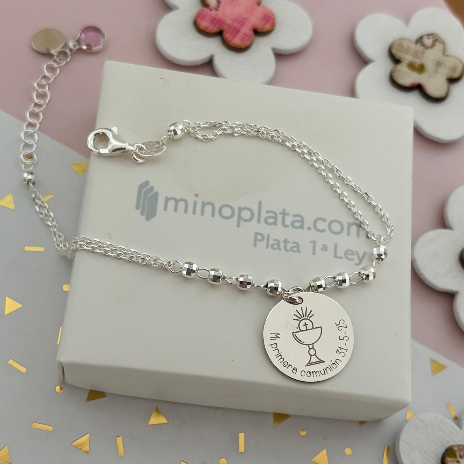 Pulsera Comunión bolitas de Plata de ley 925 con colgante Personalizado 3