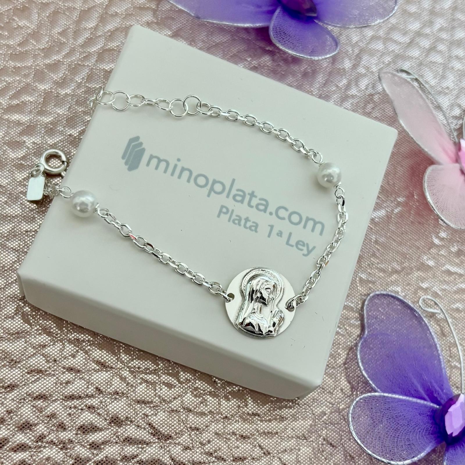 Pulsera Primera Comunión Virgen Niña de Plata de ley con Perlas 3
