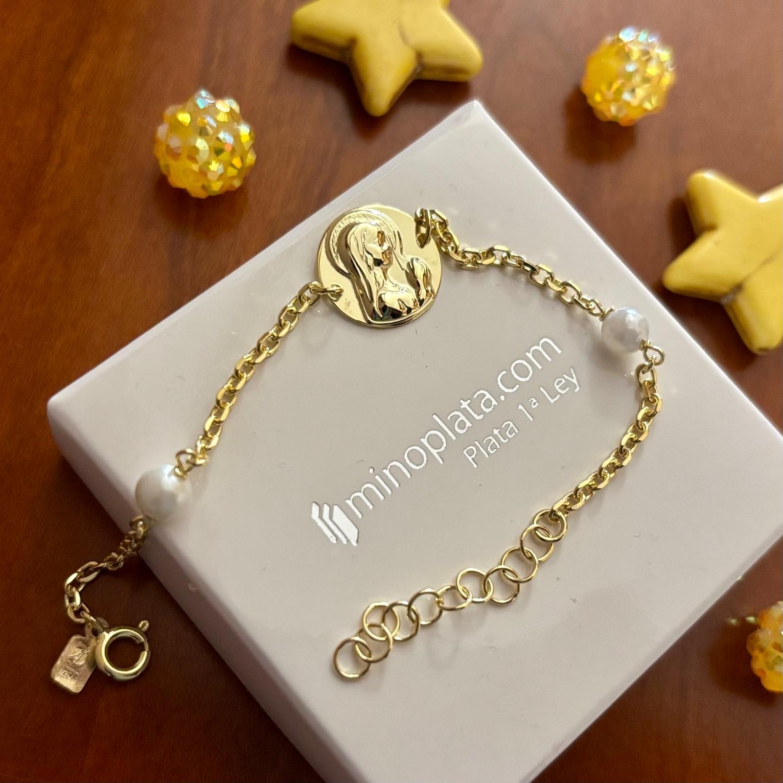 Pulsera Virgen Niña de Plata chapada en Oro con Perlas Primera Comunión 2