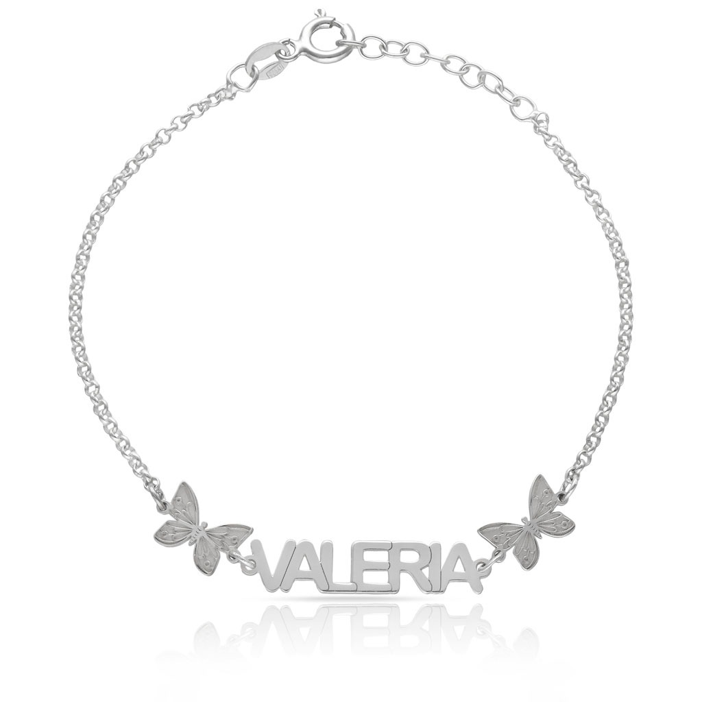 Pulsera nombre personalizado y mariposas de Plata de ley 925