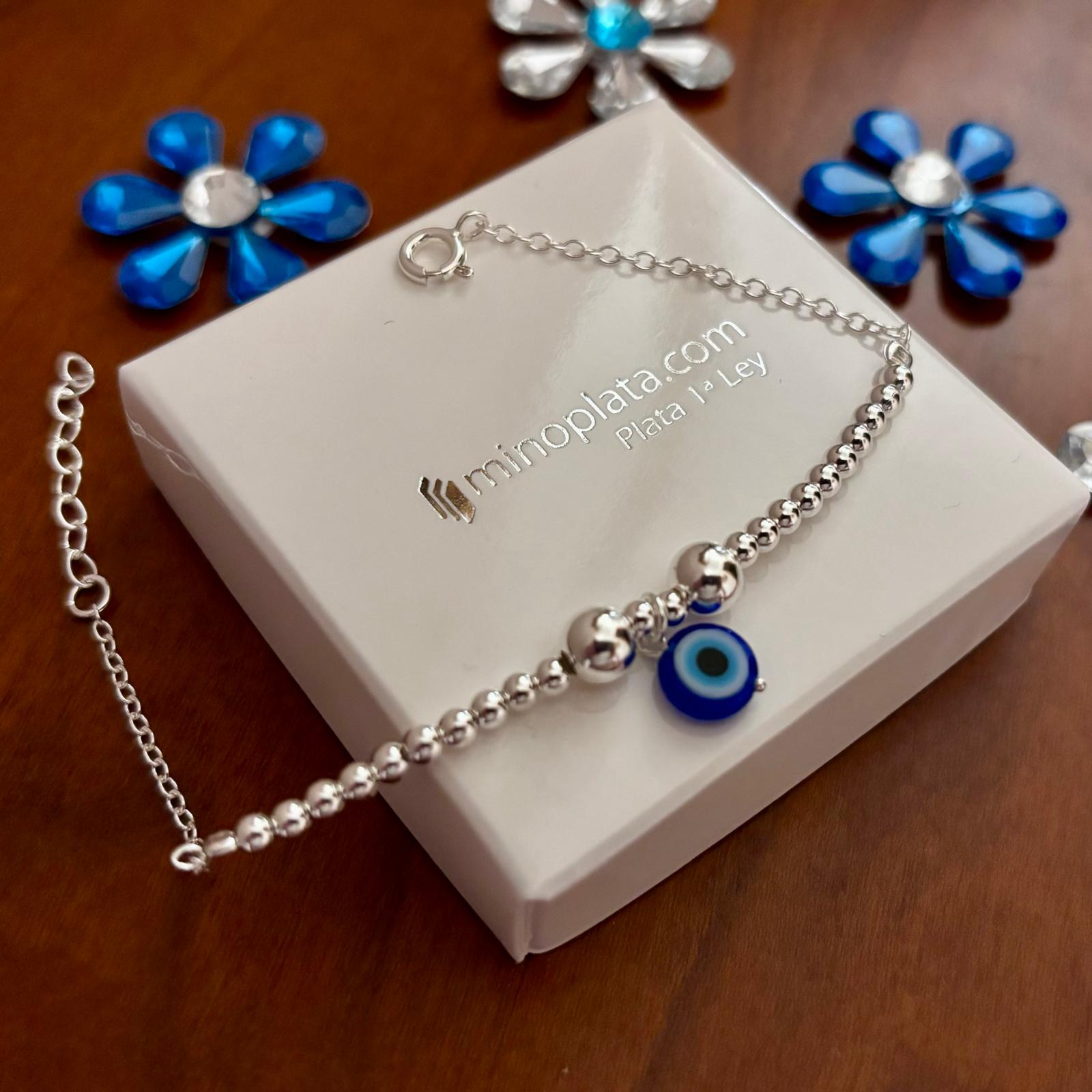 Pulsera bolas ojo turco de Plata de ley 3