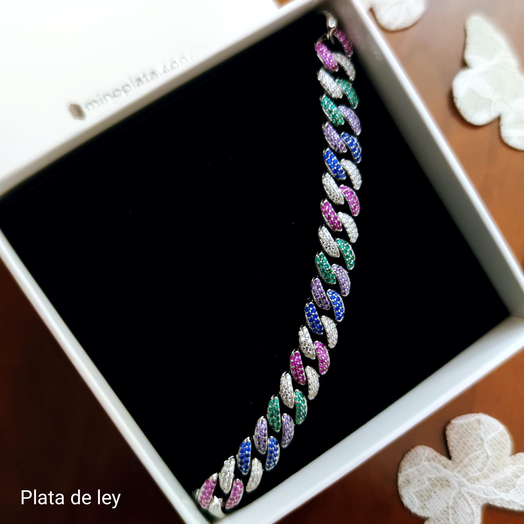 Pulsera de mujer en Plata de ley rodiada eslabones con Circonitas colores
