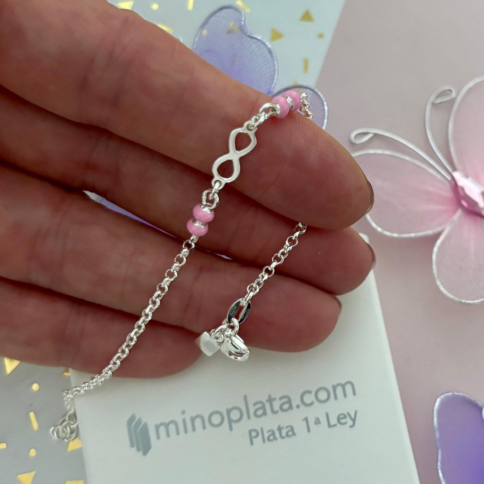 Pulsera infantil infinito y bolitas rosas de Plata de ley 925 2