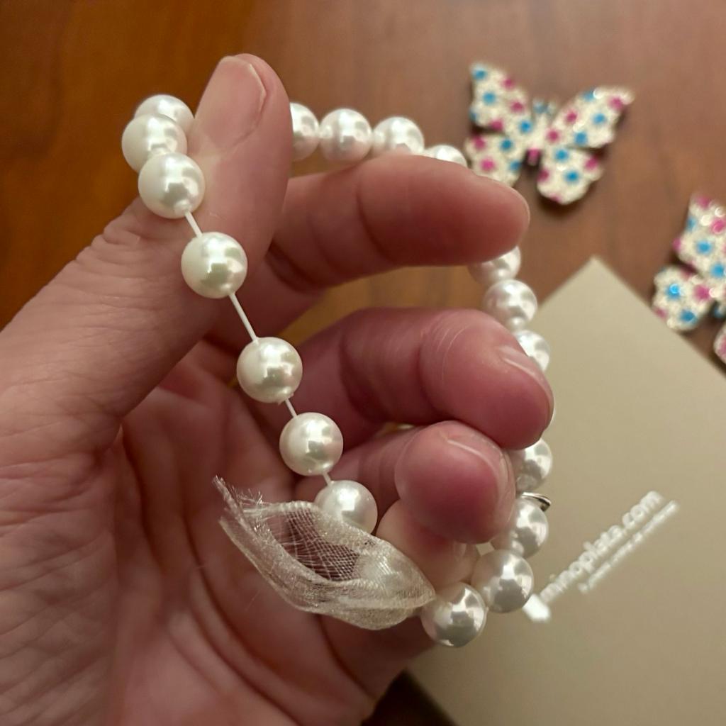 Pulsera elástica con Perlas y Colgante feliz aniversario de Plata