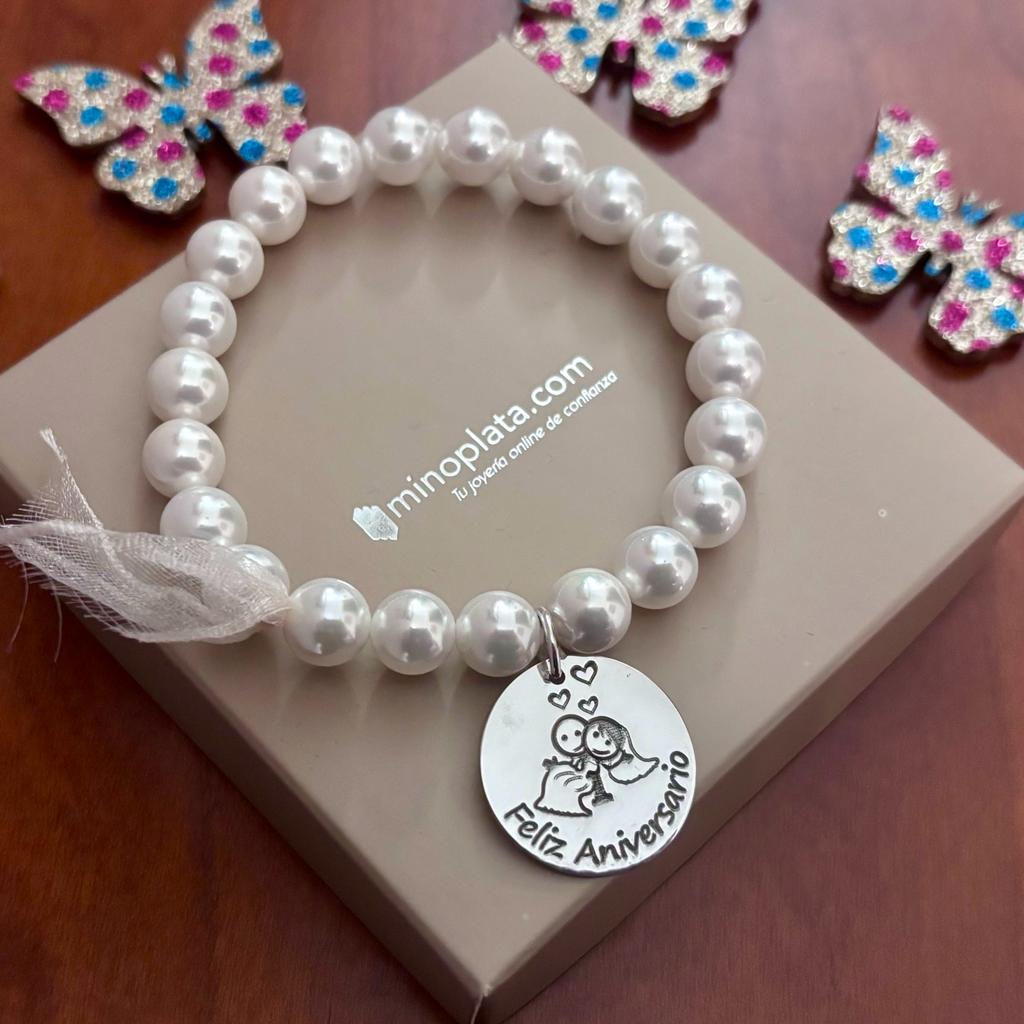 Pulsera elástica con Perlas y Colgante feliz aniversario de Plata 2