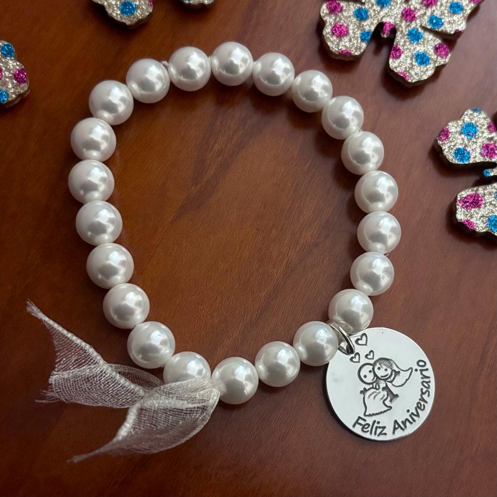Pulsera elástica con Perlas y Colgante feliz aniversario de Plata 3