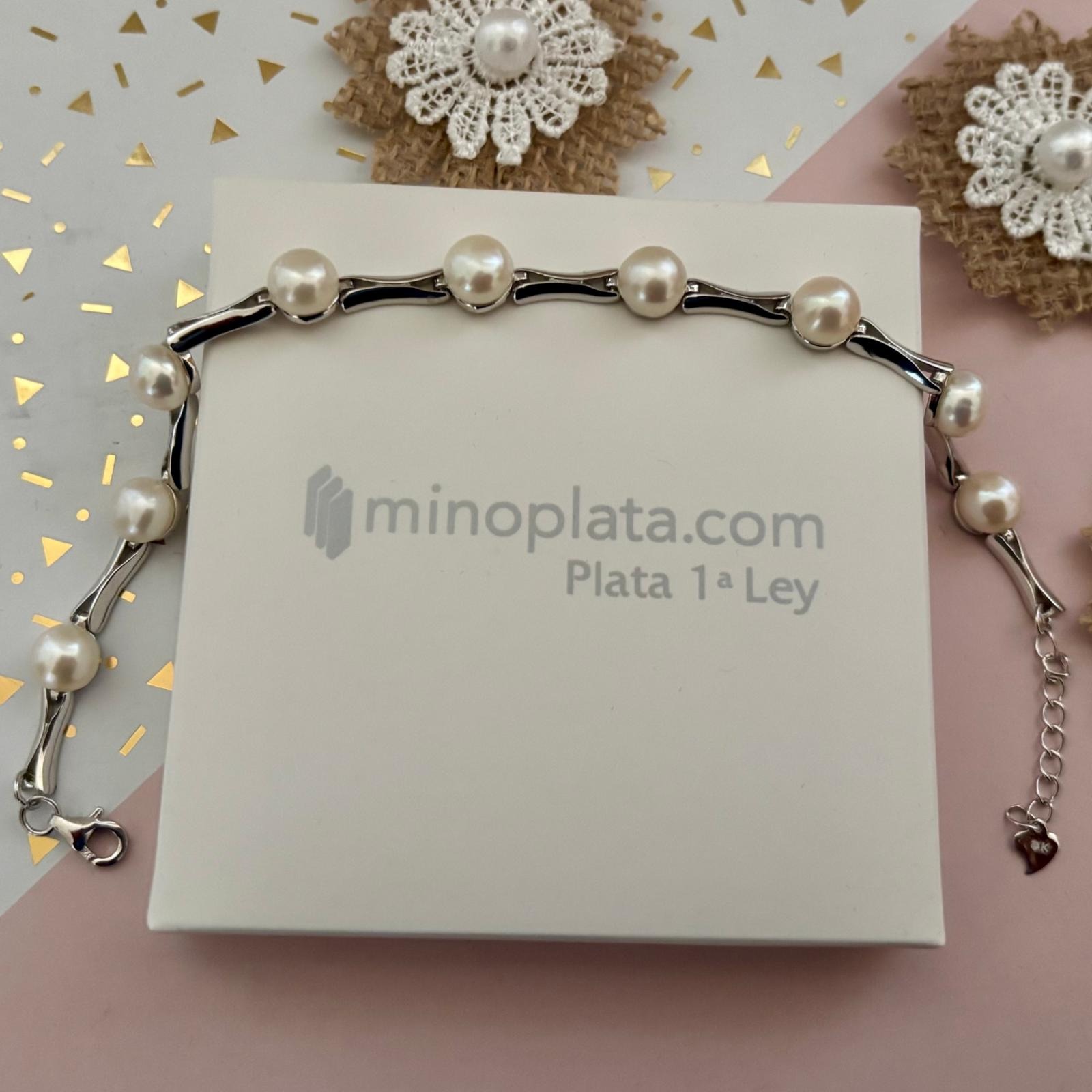 Pulsera de Plata de ley rodiada con Perlas cultivadas 4