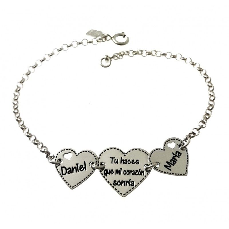 Pulsera corazones mensaje y nombres personalizados de Plata
