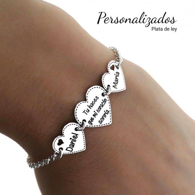 Pulsera corazones mensaje y nombres personalizados de Plata 2