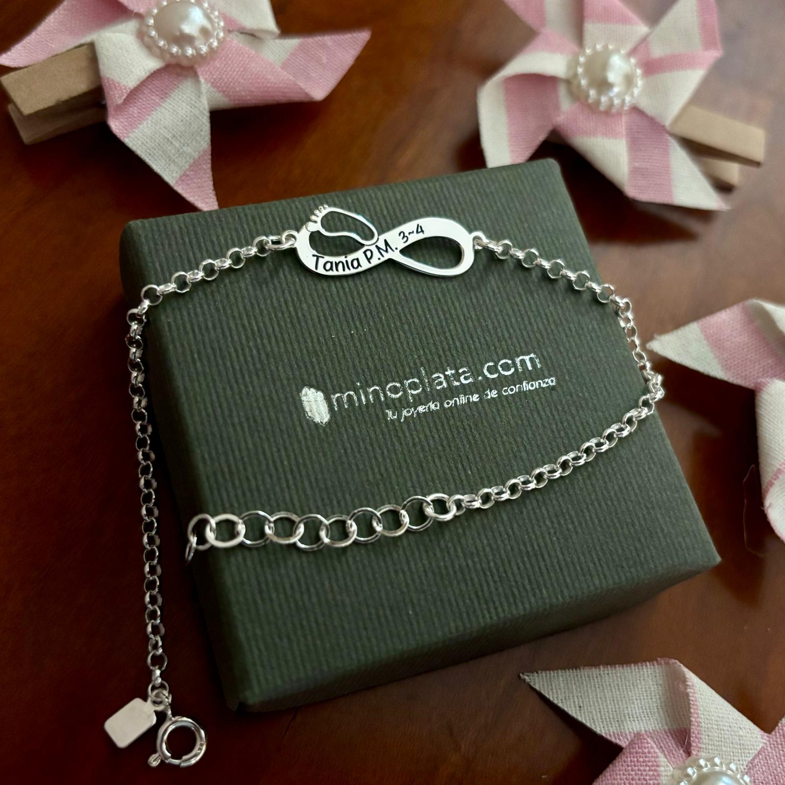 Pulsera personalizada infinito pie de Plata de ley 3
