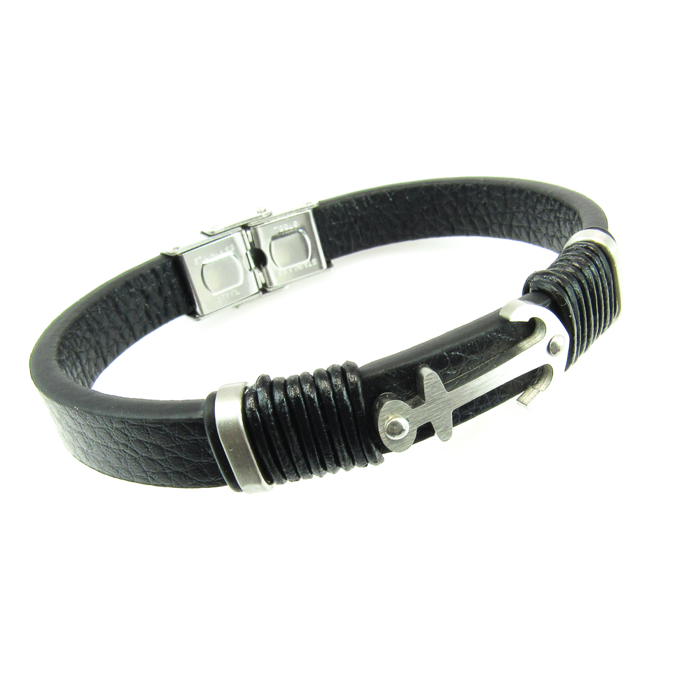 Pulsera de Piel negra con Ancla y detalles en Acero inoxidable