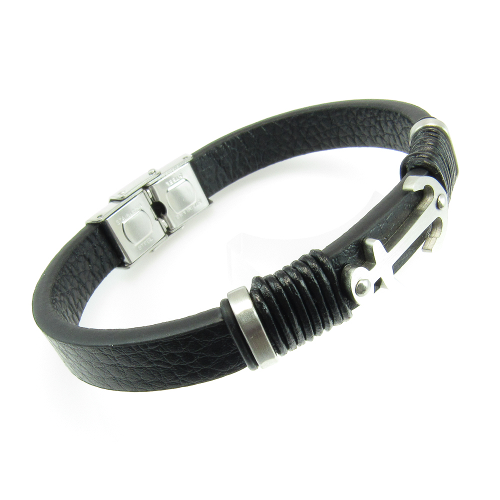 Pulsera de Piel negra con Ancla y detalles en Acero inoxidable 1