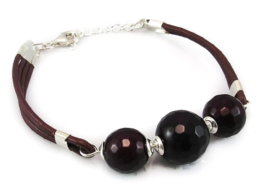 Pulsera de Piel con bolas de Cuarzo y Plata de ley