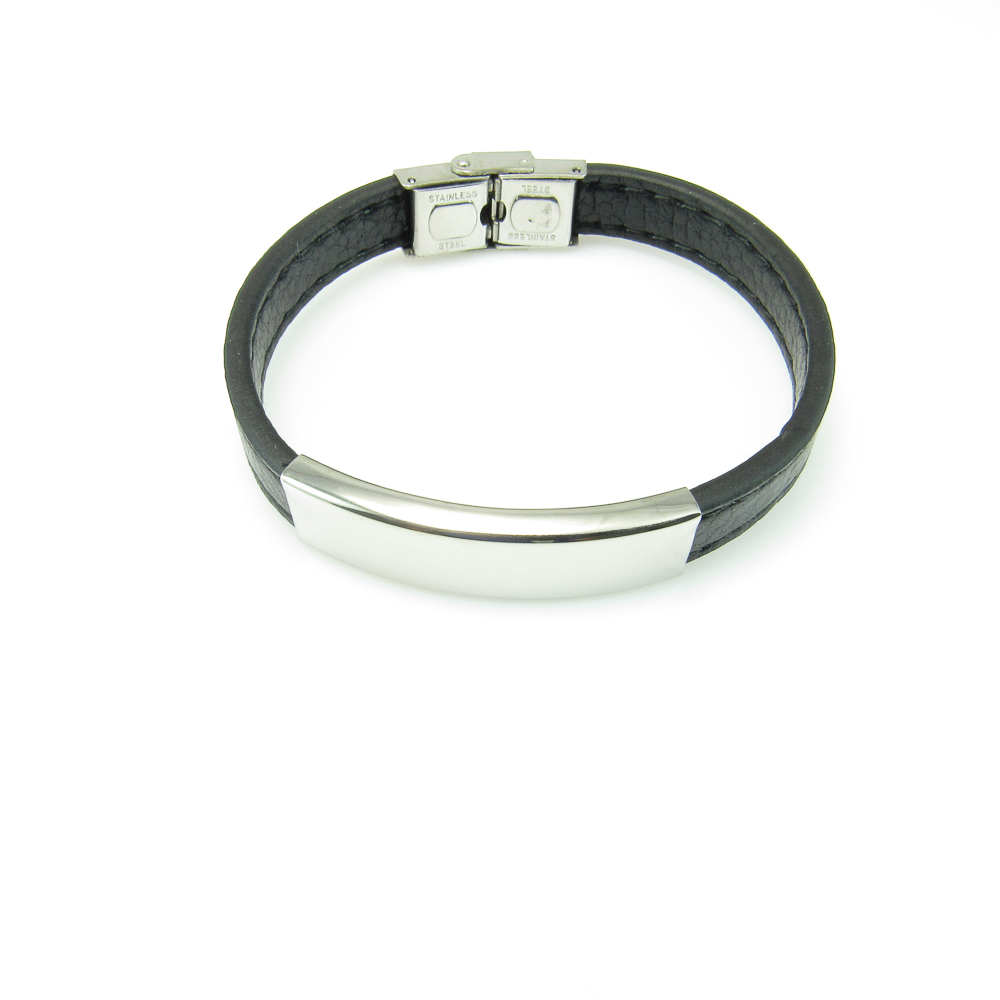 Pulsera de Piel negra pespunteada y Acero inoxidable
