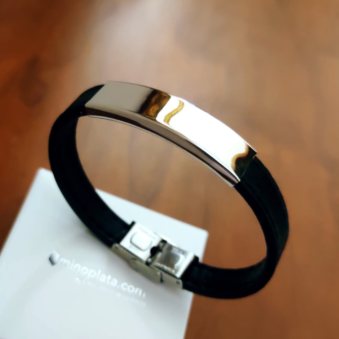 Pulsera de Piel negra pespunteada y Acero inoxidable 2