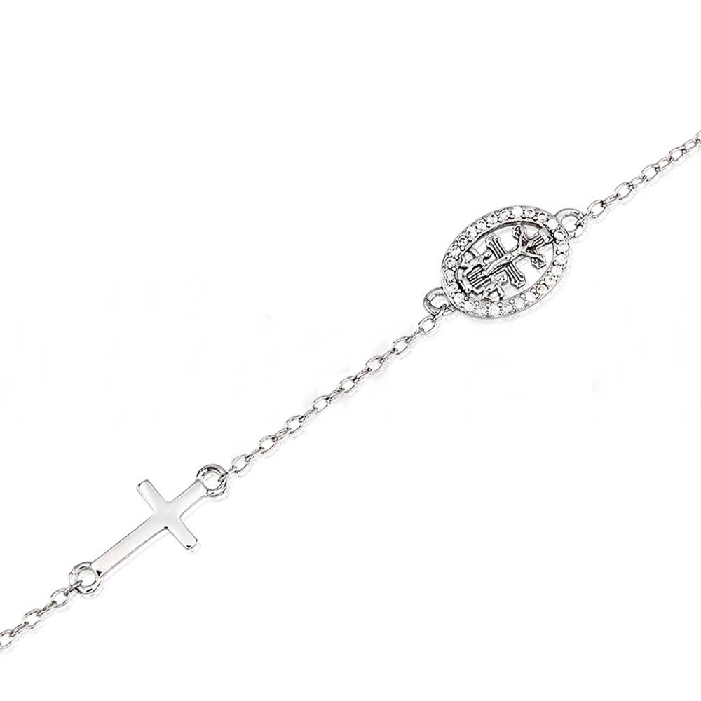 Pulsera cruz de Caravaca con Circonitas y cruz tumbada de Plata de ley