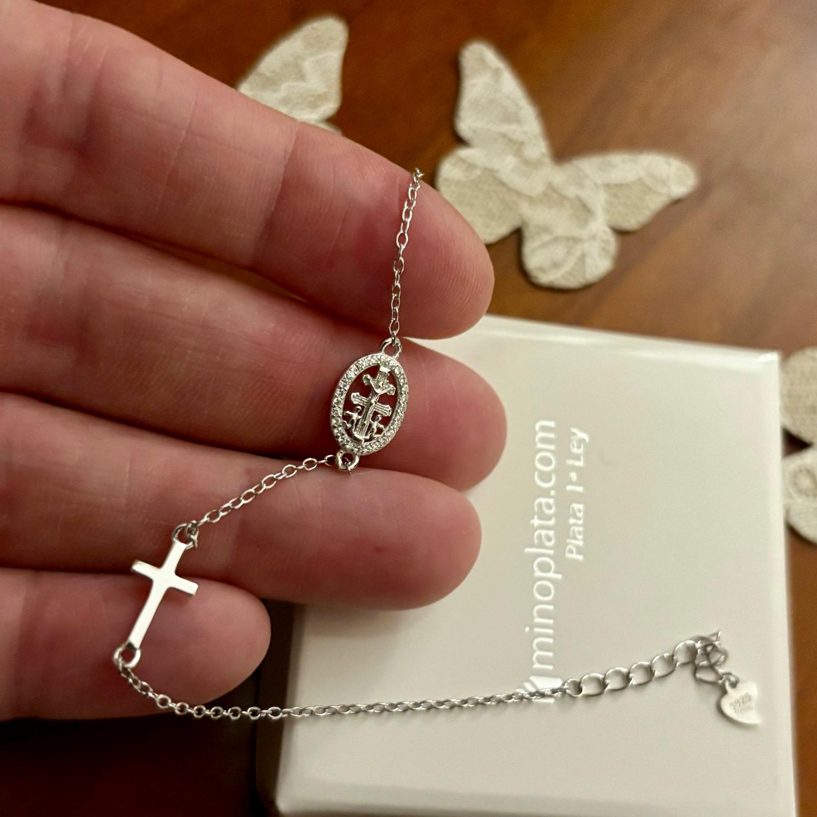 Pulsera cruz de Caravaca con Circonitas y cruz tumbada de Plata de ley 1