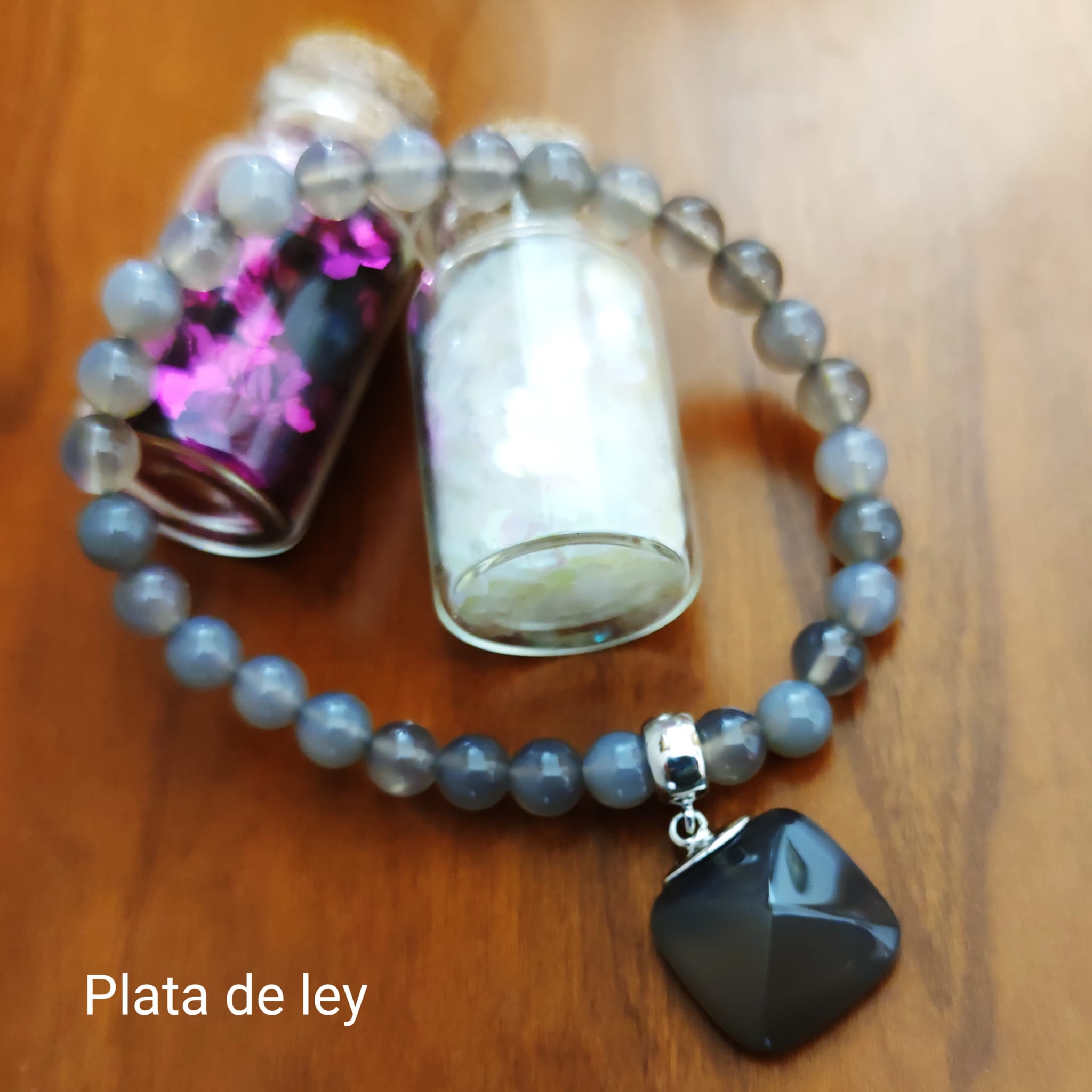Pulsera bolas 6 Mm de agatha gris y Plata de ley rodiada 1