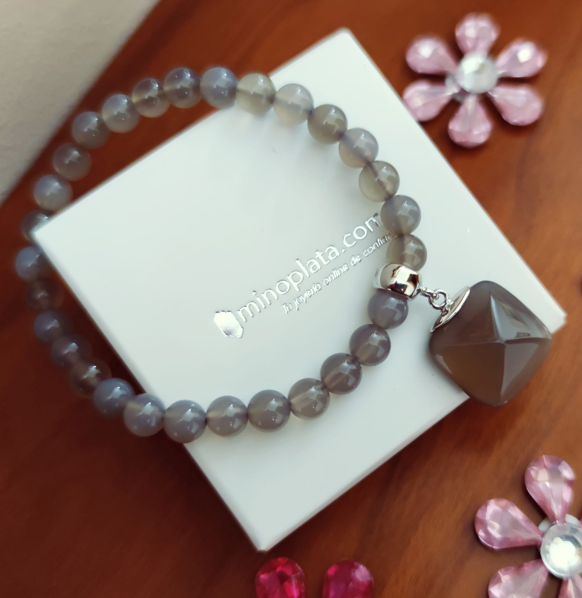 Pulsera bolas 6 Mm de agatha gris y Plata de ley rodiada 2