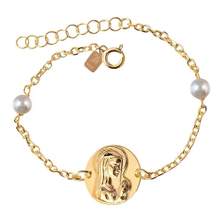 Pulsera Virgen Niña de Plata chapada en Oro con Perlas Primera Comunión