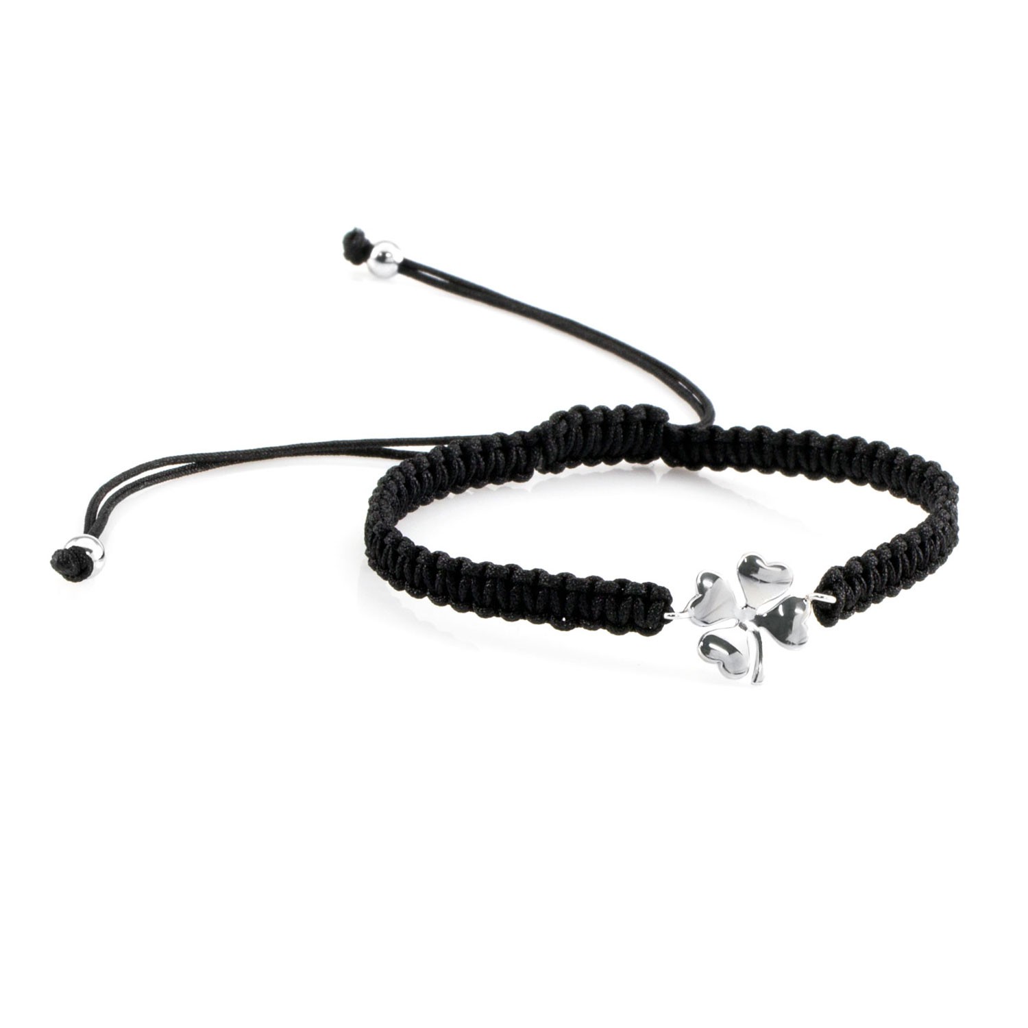 Pulsera de macramé negro con trébol de Plata rodiada