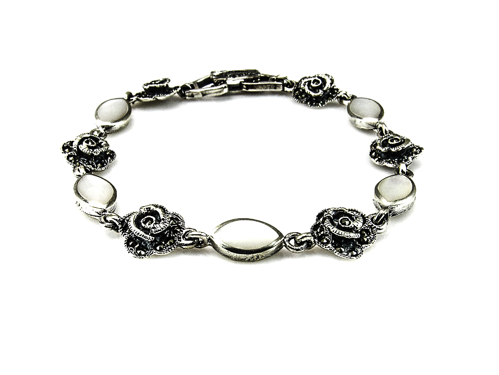 Pulsera de Plata vieja y Nácar rosas con Marquesitas