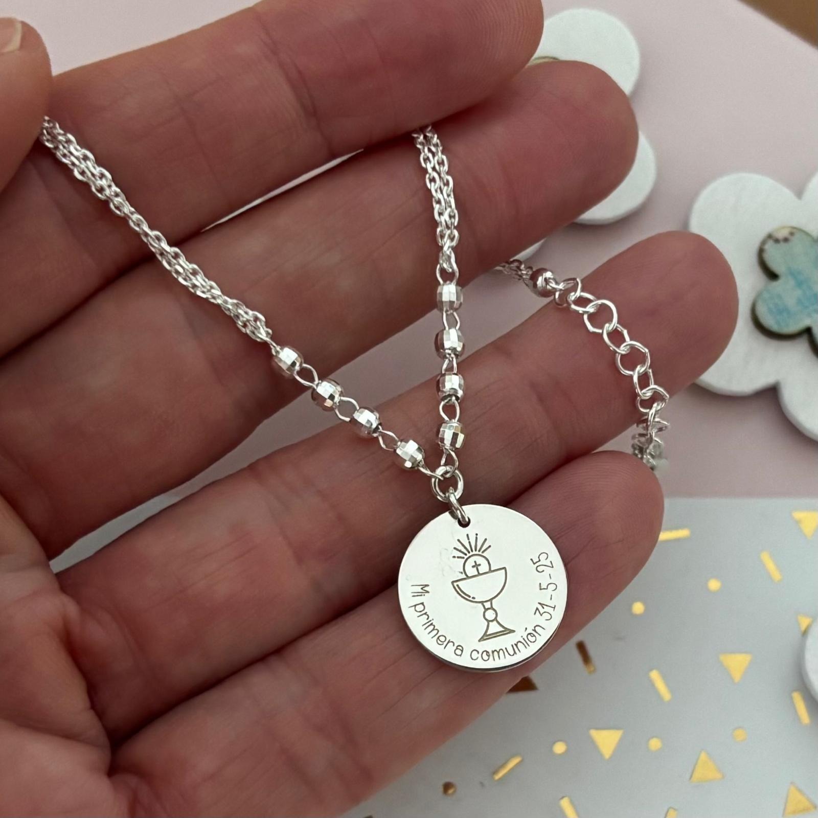 Pulsera Comunión bolitas de Plata de ley 925 con colgante Personalizado 1