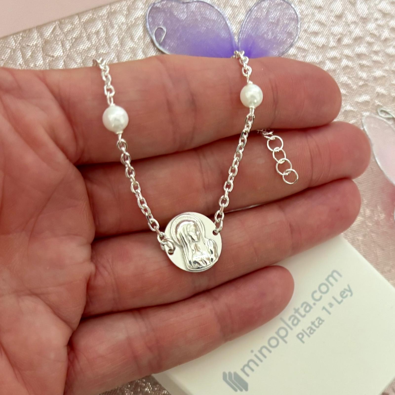 Pulsera Primera Comunión Virgen Niña de Plata de ley con Perlas 2
