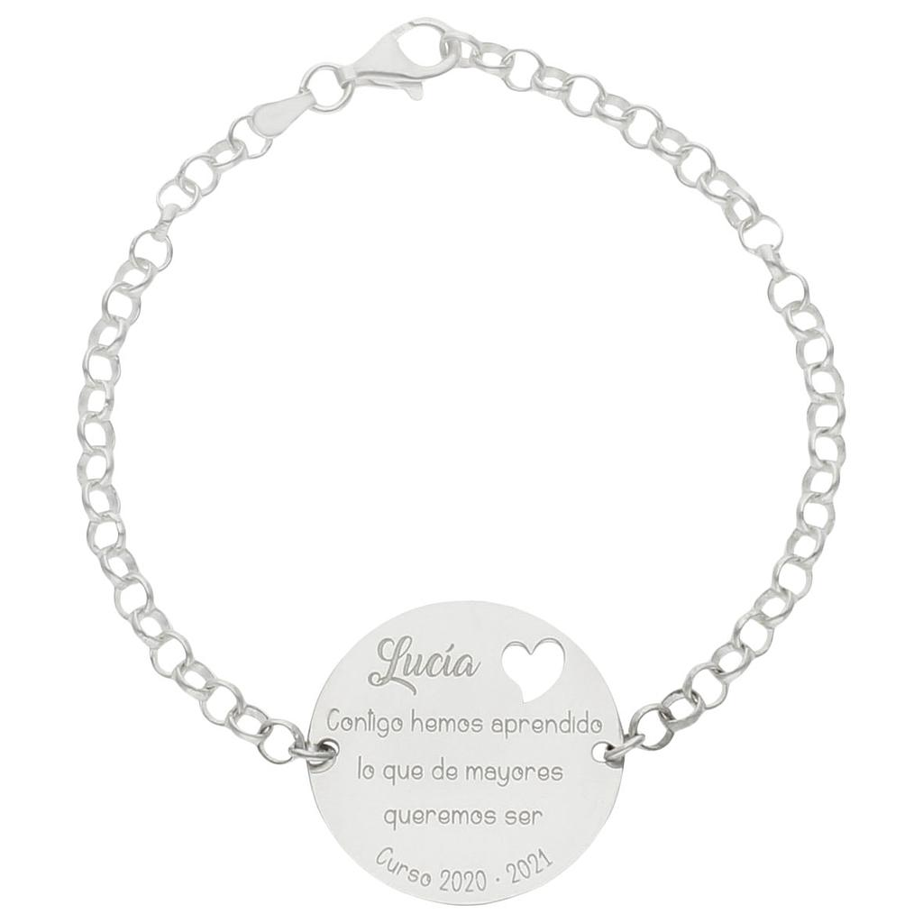 Pulsera Profe corazón con frase personalizada de Plata de ley