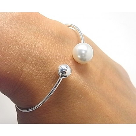Pulsera de Plata rígida con Perla y Bola 1