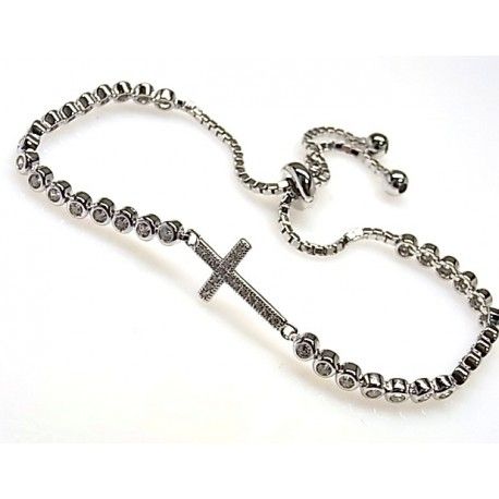 Pulsera ajustable de Plata rodiada con Circonitas y Cruz tumbada