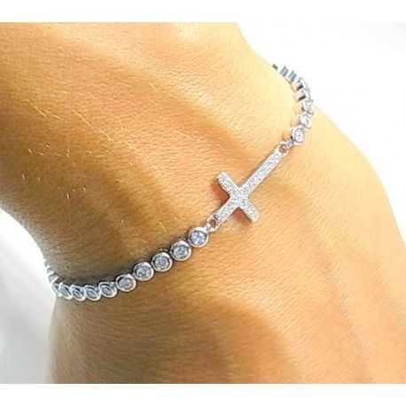 Pulsera ajustable de Plata rodiada con Circonitas y Cruz tumbada 1