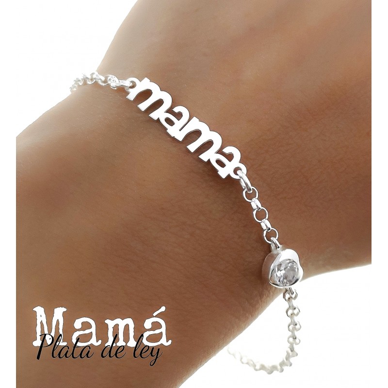 Pulsera mamá de Plata de ley corazón Circonita cadena adaptable 1
