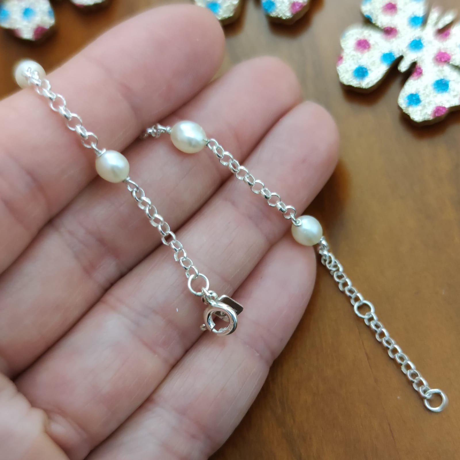 Pulsera Comunión de Plata de ley con Perlas intercaladas 2