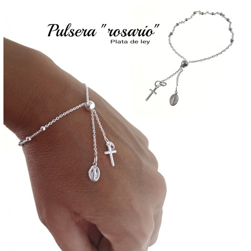 Pulsera rosario de Comunión ajustable de Plata Milagrosa y Cruz 5