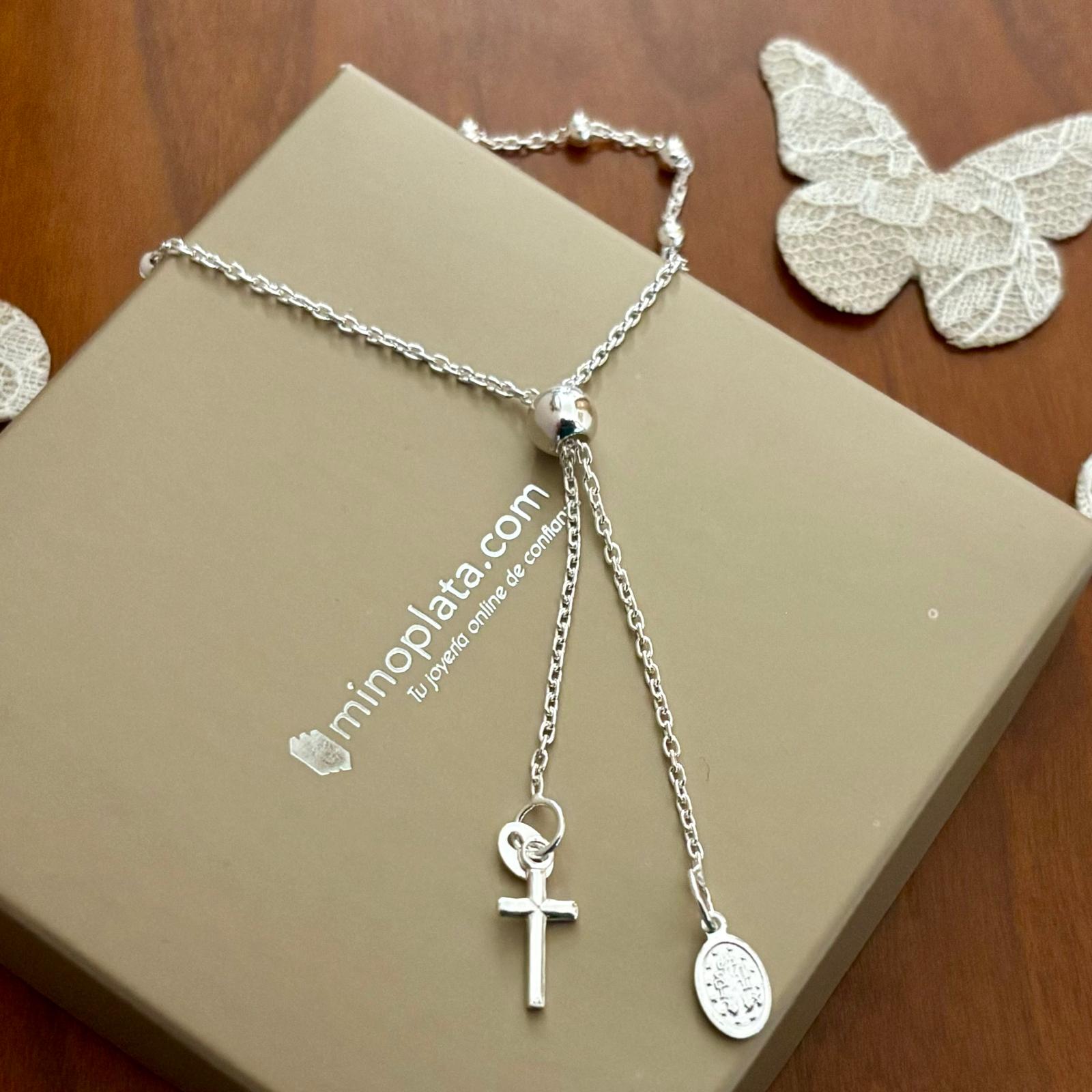 Pulsera rosario de Comunión ajustable de Plata Milagrosa y Cruz_1