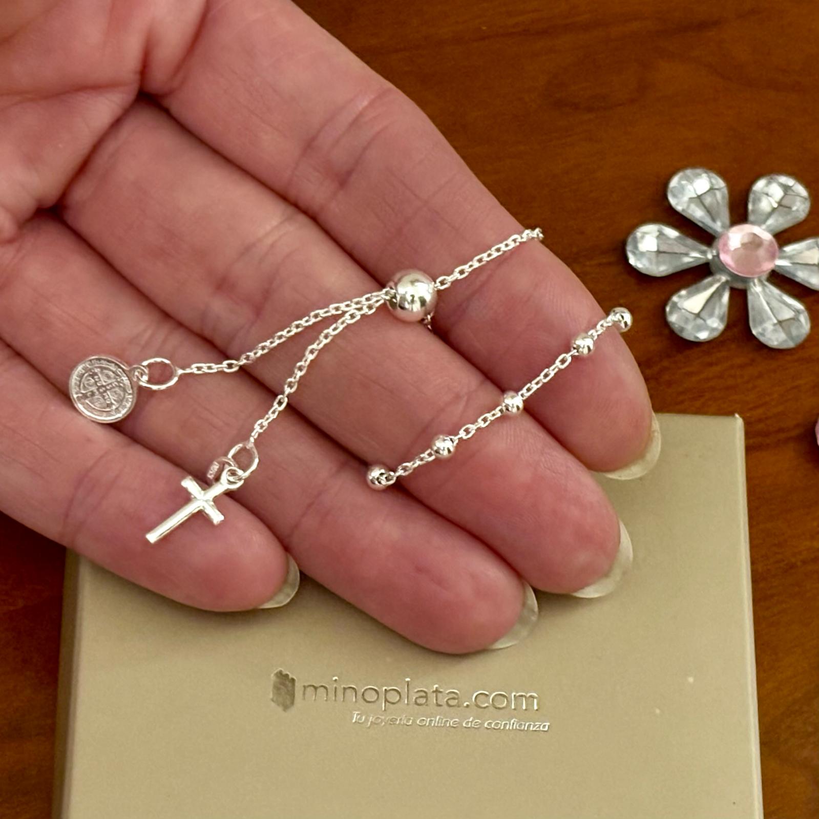 Pulsera rosario de Plata de ley cruz y medalla de San Benito 2