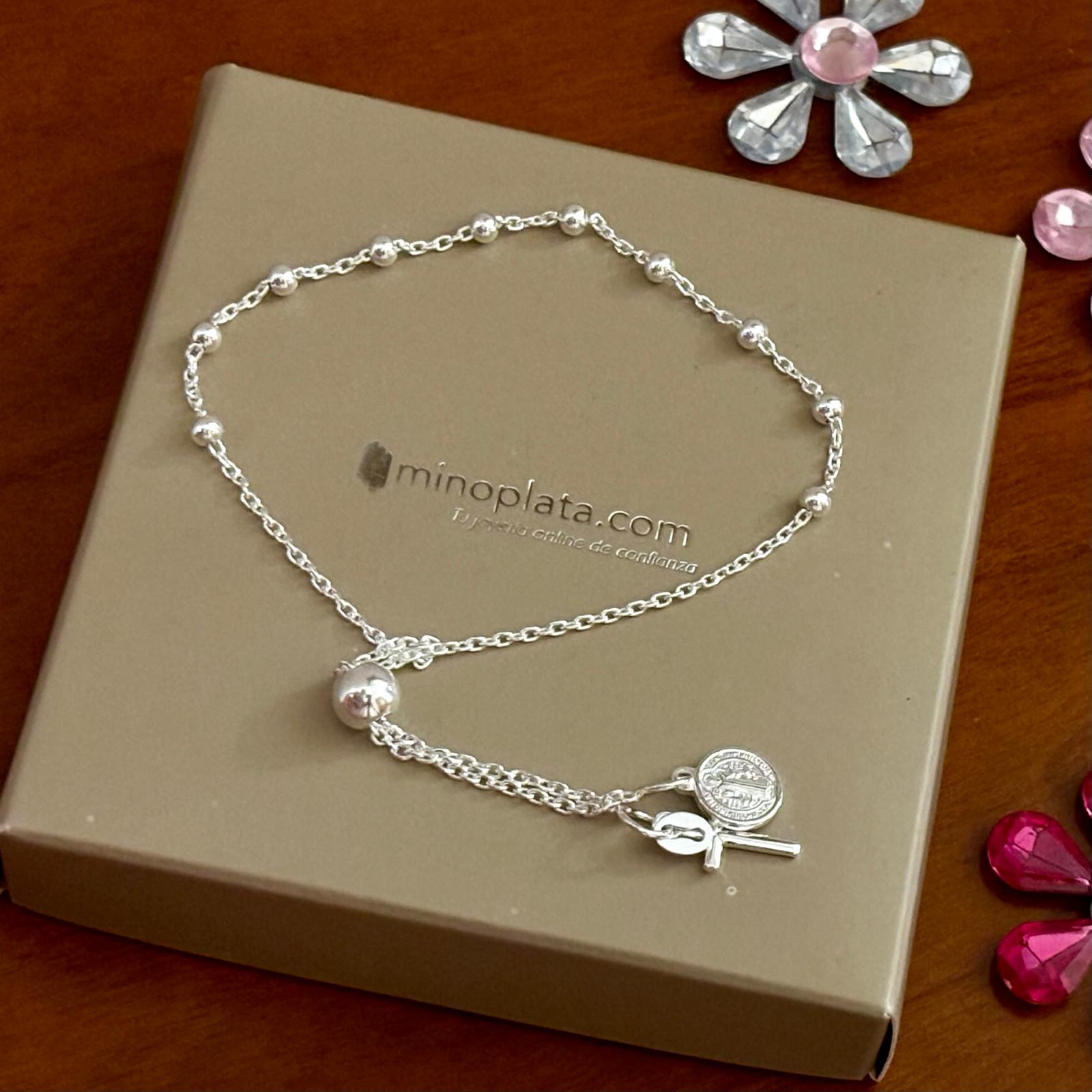 Pulsera rosario de Plata de ley cruz y medalla de San Benito 4