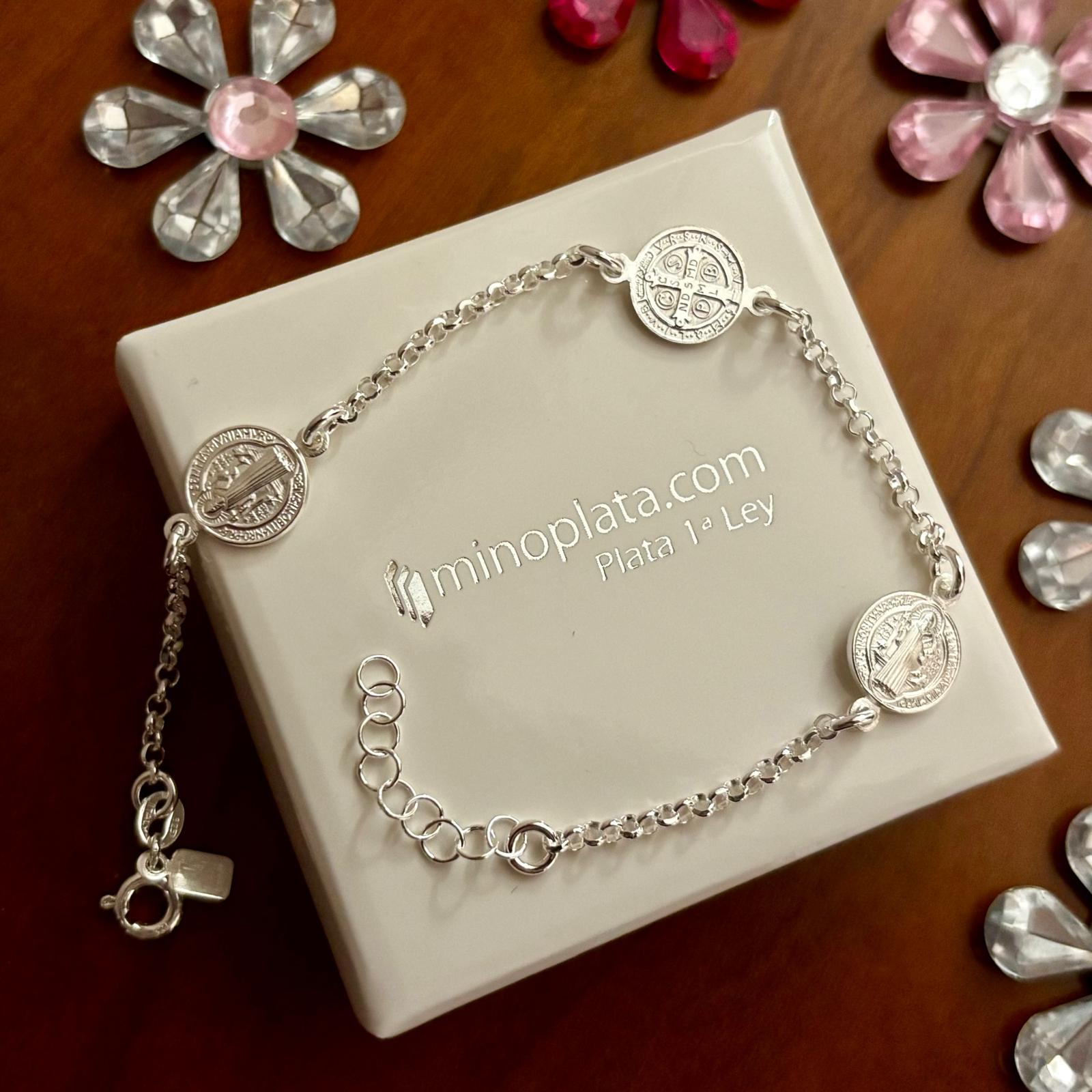Pulsera medallas de San Benito en Plata de ley 925 4