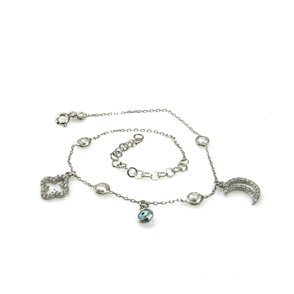 Pulsera tobillera de Plata rodiada puntos de luz, luna y flor