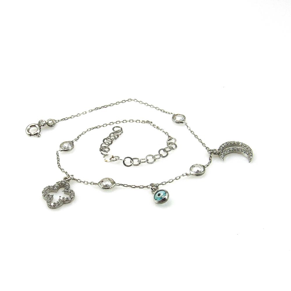 Pulsera tobillera de Plata rodiada puntos de luz, luna y flor 1