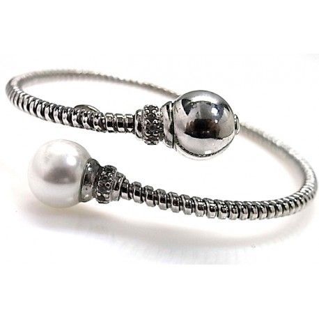 Pulsera brazalete combinada con Perla y Circonitas en Plata