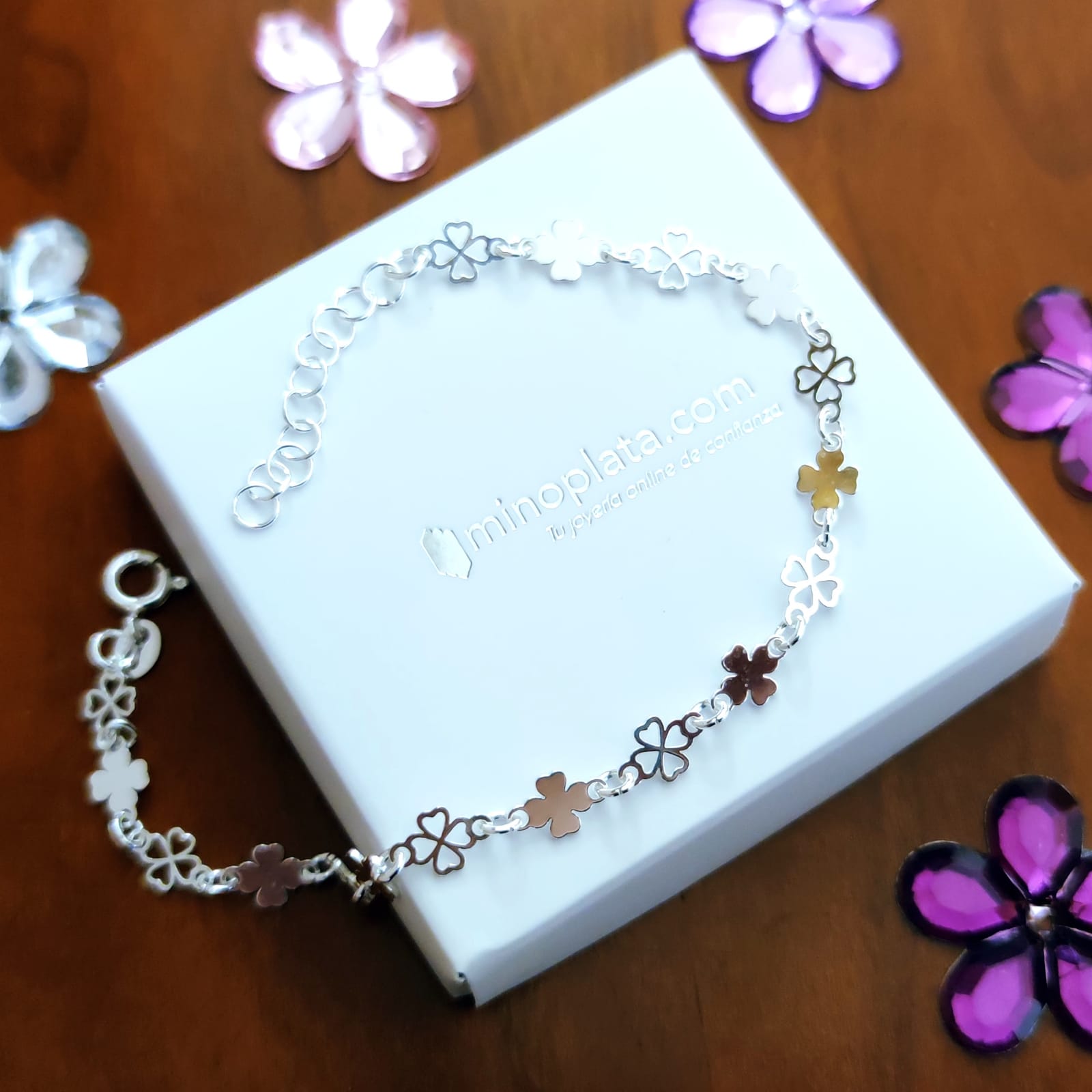 Pulsera tréboles de Plata de ley rodiada 3