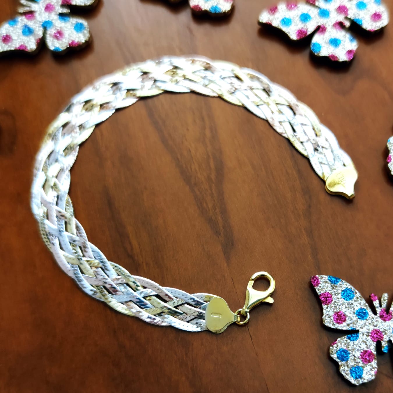 Pulsera trenza ancha de Plata de ley tricolor