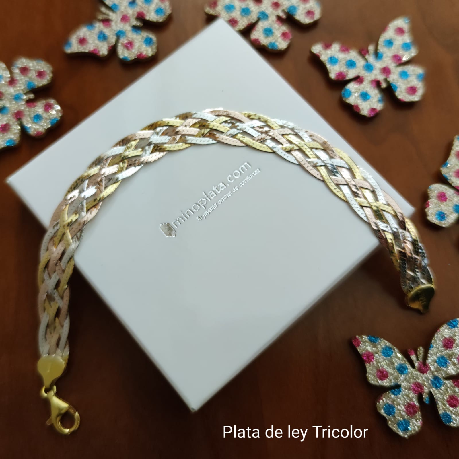 Pulsera trenza ancha de Plata de ley tricolor 2