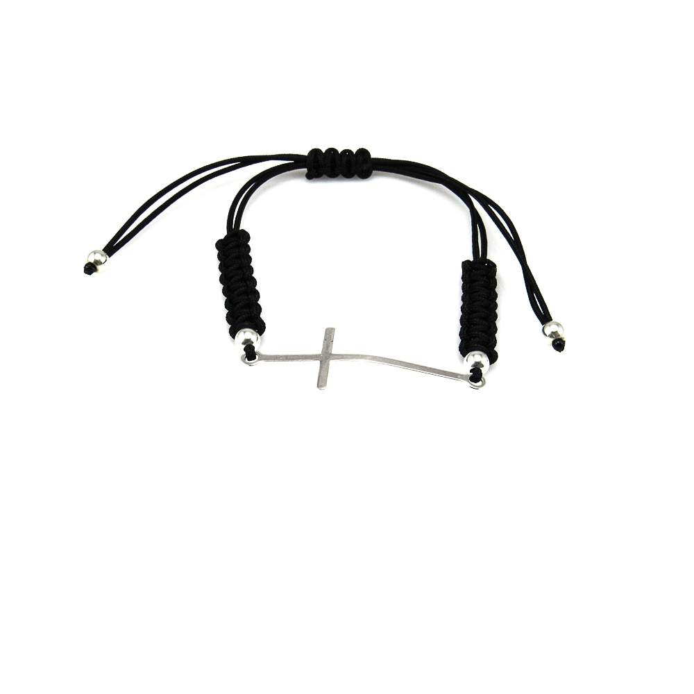 Pulsera ajustable macramé negro con cruz horizontal de Plata