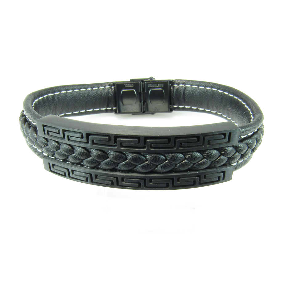 Pulsera Piel negra trenzada con detalle grecas y cierres Acero
