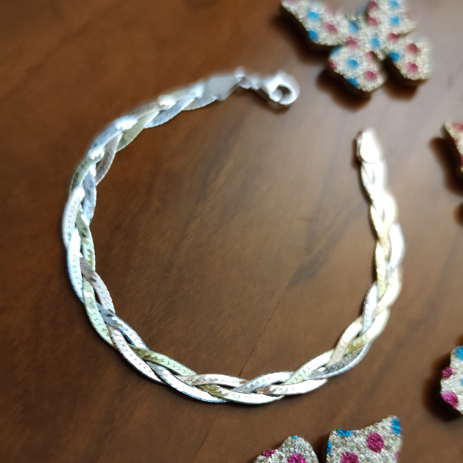 Pulsera trenza fina de Plata de ley tricolor